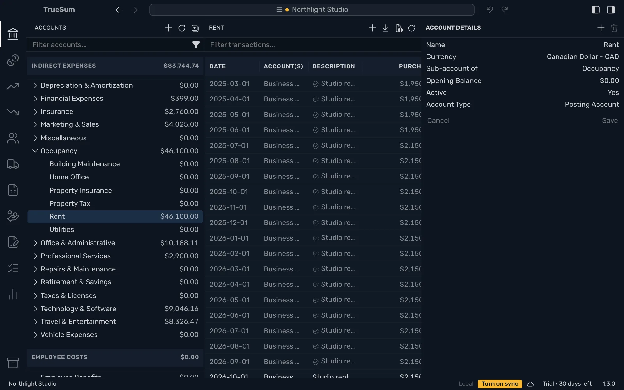 The Accounts sidebar scrolled to Indirect expenses, with Occupancy open and Rent selected, and Rent's Account Details in the right sidebar: Name, Currency, Sub-account of Occupancy, Opening Balance, Active and Account Type