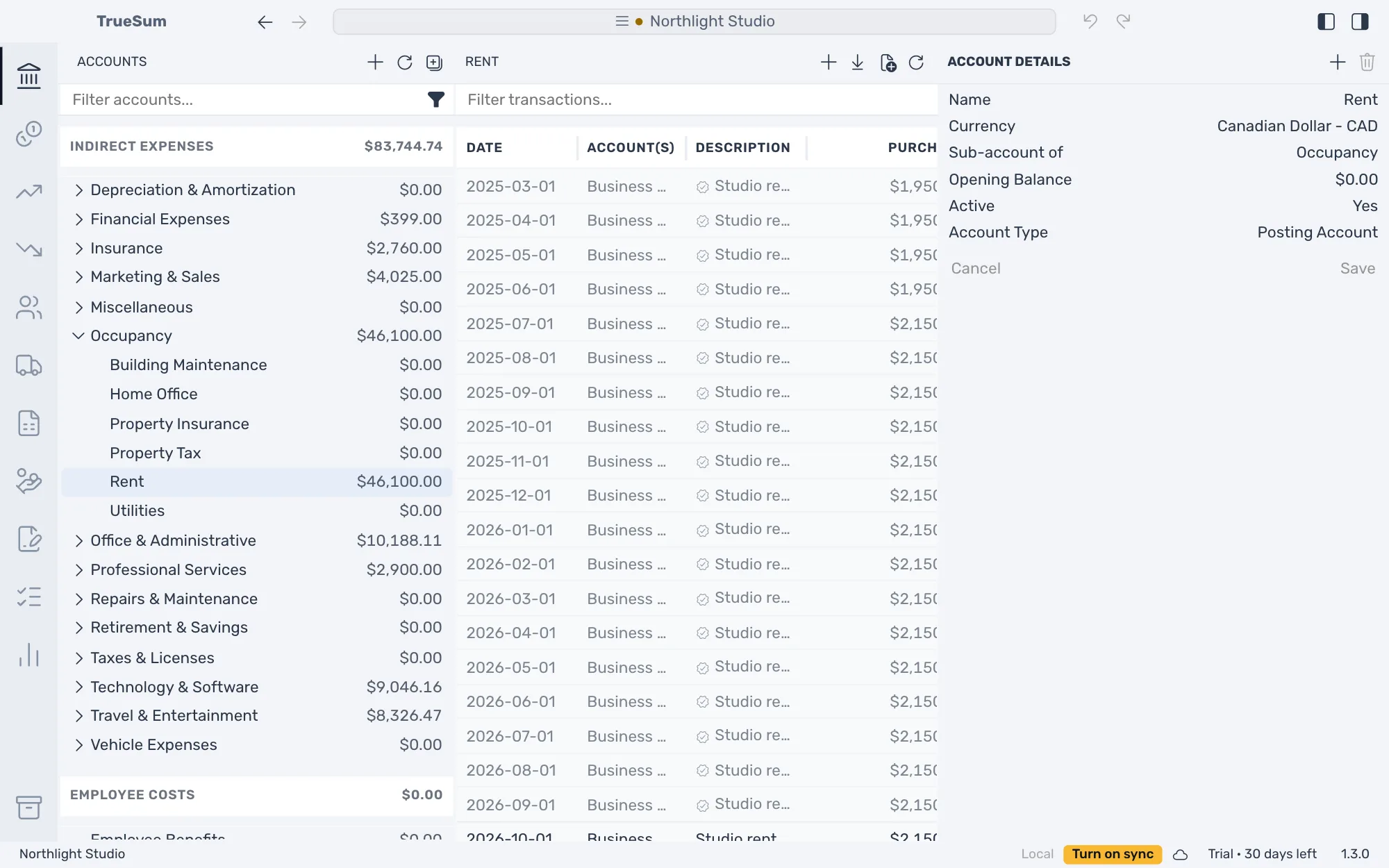The Accounts sidebar scrolled to Indirect expenses, with Occupancy open and Rent selected, and Rent's Account Details in the right sidebar: Name, Currency, Sub-account of Occupancy, Opening Balance, Active and Account Type