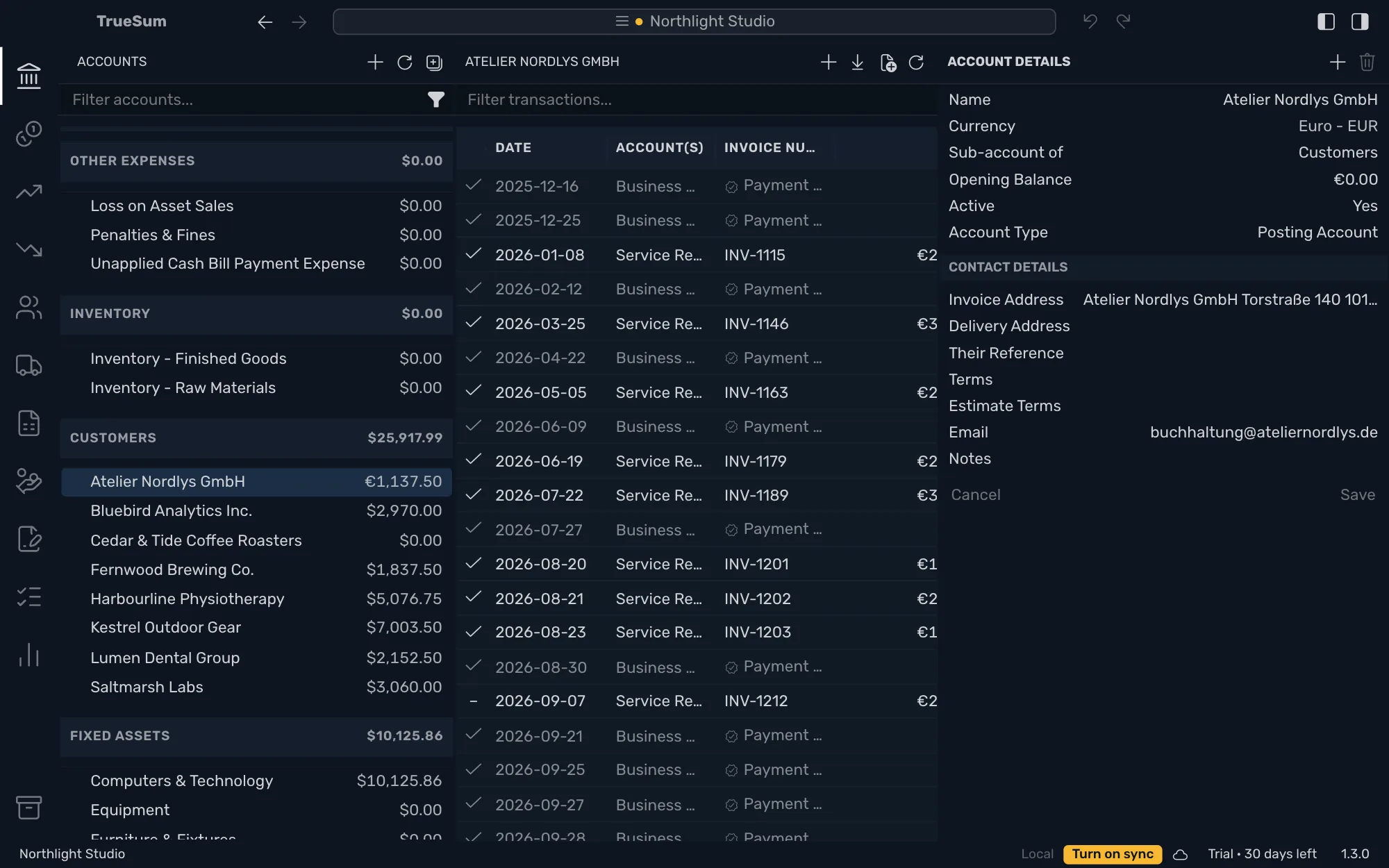 Atelier Nordlys GmbH open with Account Details in the right sidebar showing Currency Euro - EUR, and its balance in euros in the sidebar among customers in Canadian dollars