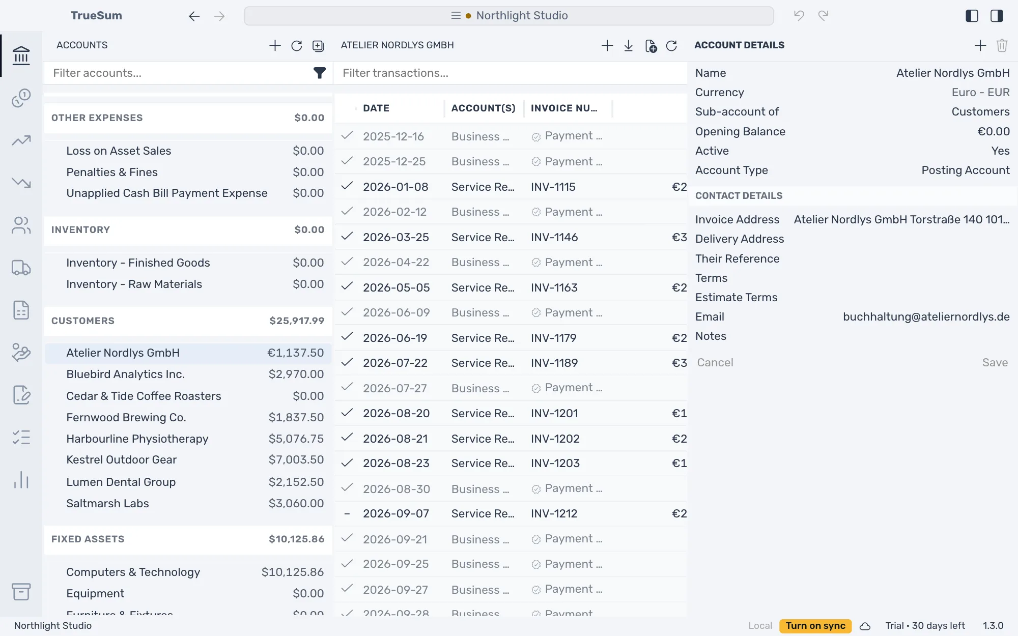 Atelier Nordlys GmbH open with Account Details in the right sidebar showing Currency Euro - EUR, and its balance in euros in the sidebar among customers in Canadian dollars
