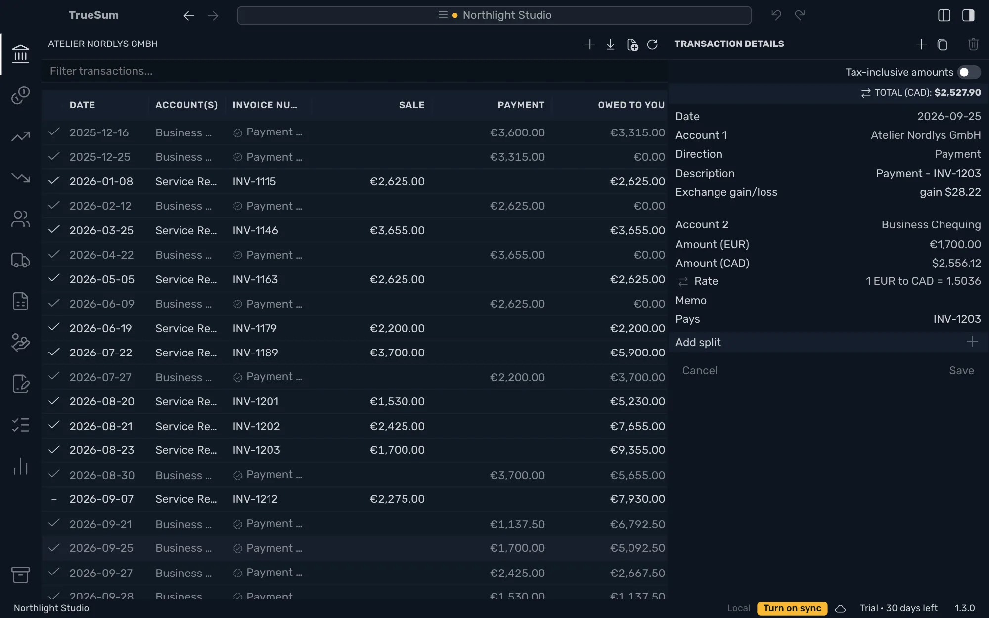 A payment from Atelier Nordlys GmbH selected, with Transaction Details showing Amount (EUR), Amount (CAD), the Rate, and a row reading Exchange gain/loss with a gain