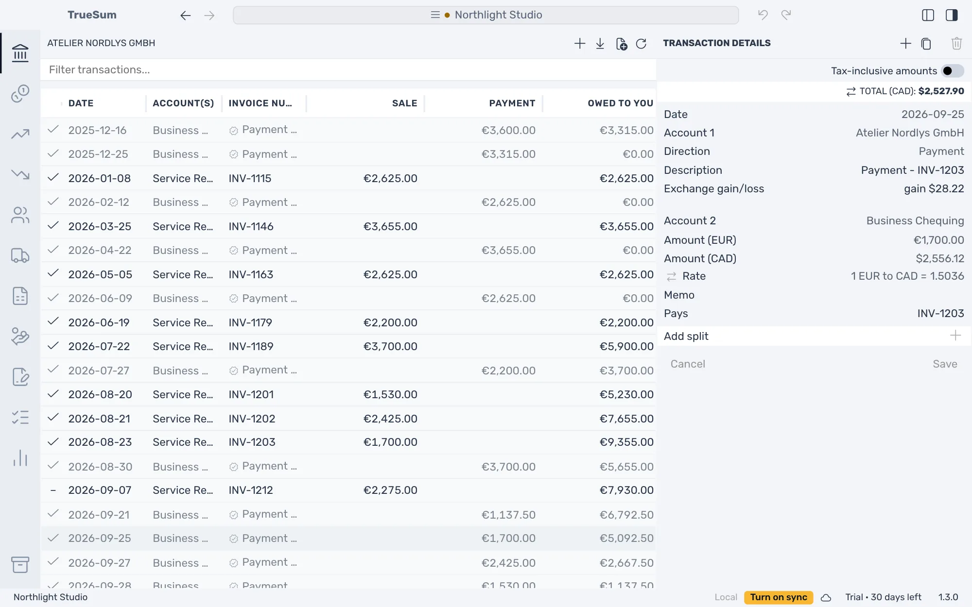 A payment from Atelier Nordlys GmbH selected, with Transaction Details showing Amount (EUR), Amount (CAD), the Rate, and a row reading Exchange gain/loss with a gain