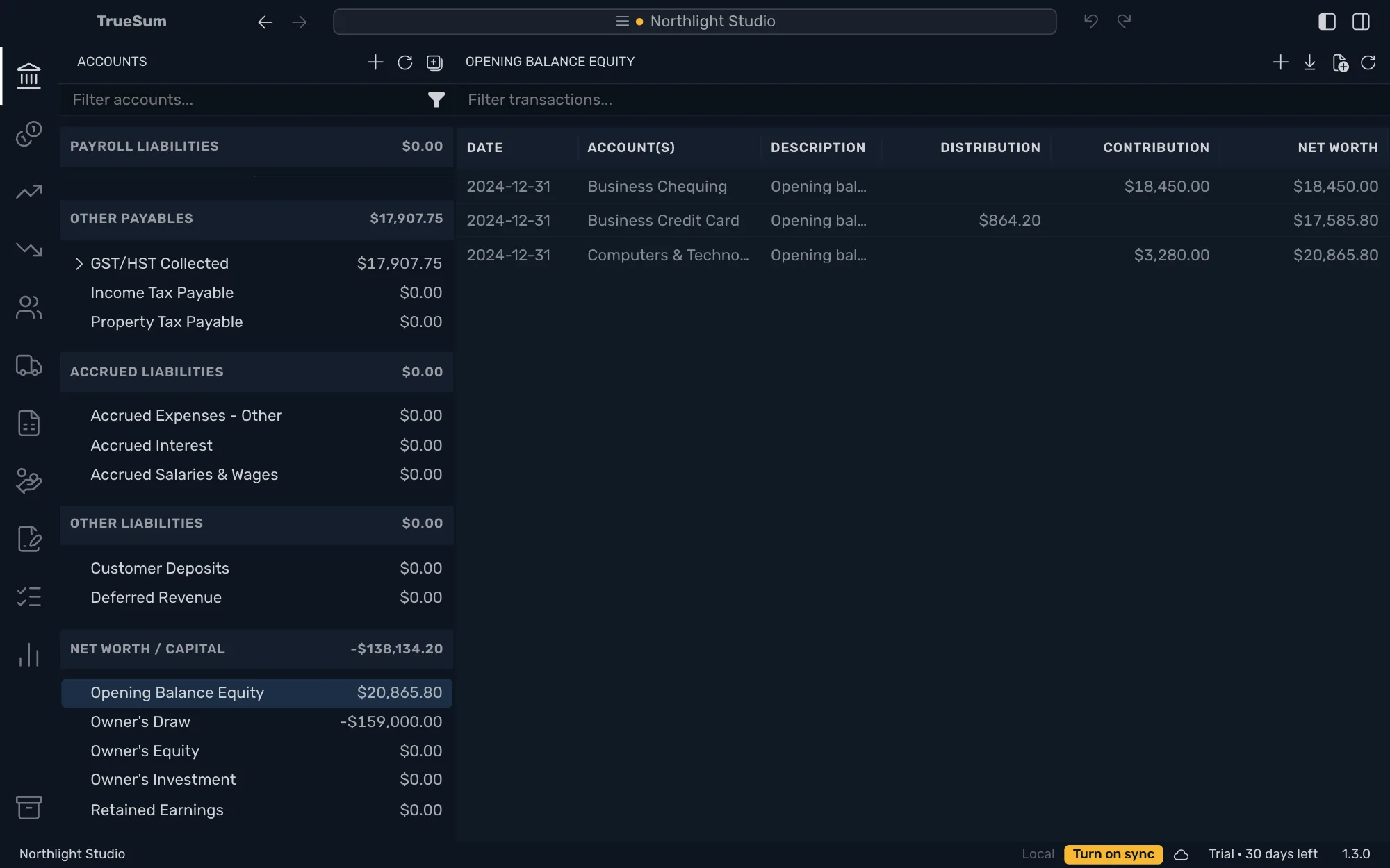 The list of Opening Balance Equity: three opening balances on the same day, $18,450.00 from Business Chequing, $864.20 from Business Credit Card and $3,280.00 from Computers & Technology, with a running total of $20,865.80