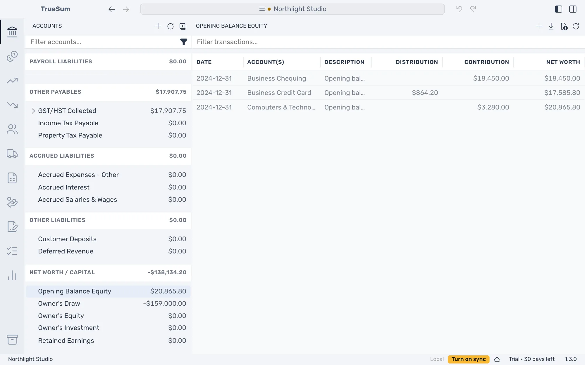 The list of Opening Balance Equity: three opening balances on the same day, $18,450.00 from Business Chequing, $864.20 from Business Credit Card and $3,280.00 from Computers & Technology, with a running total of $20,865.80
