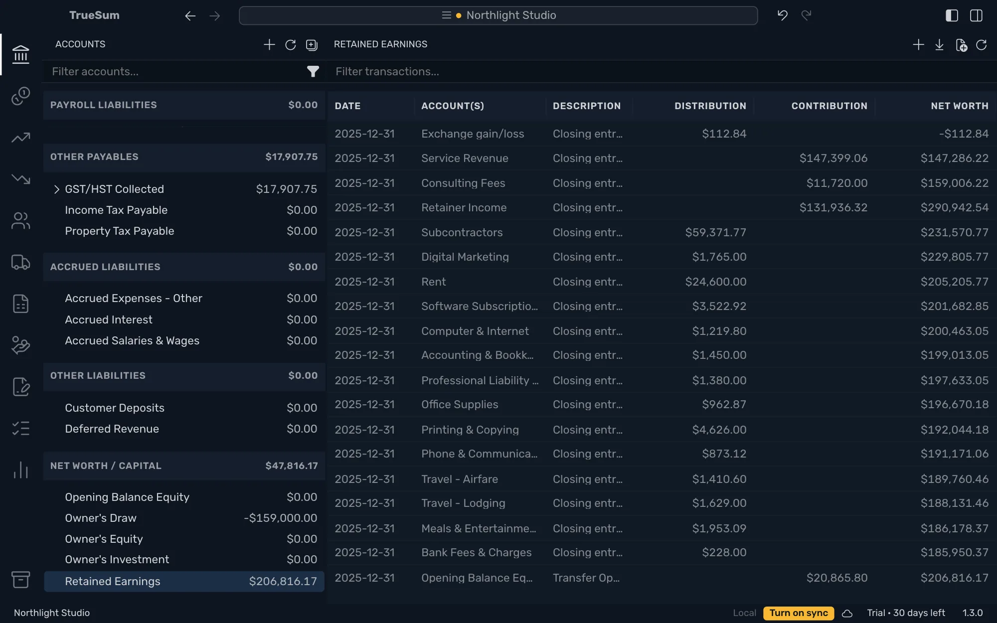 The list of Retained Earnings after the close: a closing entry for each income and expense account, then the transfer from Opening Balance Equity, with the running balance