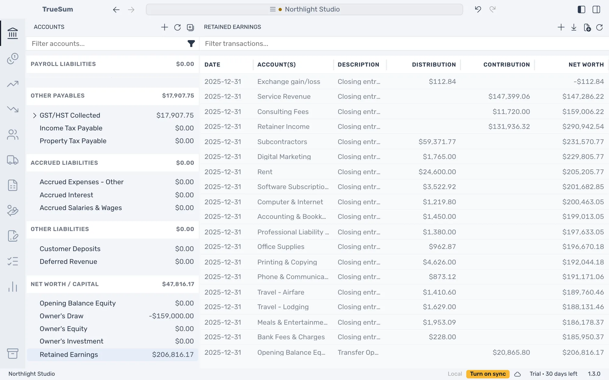 The list of Retained Earnings after the close: a closing entry for each income and expense account, then the transfer from Opening Balance Equity, with the running balance