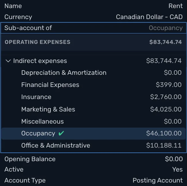 Rent's Account Details with Sub-account of open: Operating Expenses, Indirect expenses and the group accounts under it, with Occupancy ticked