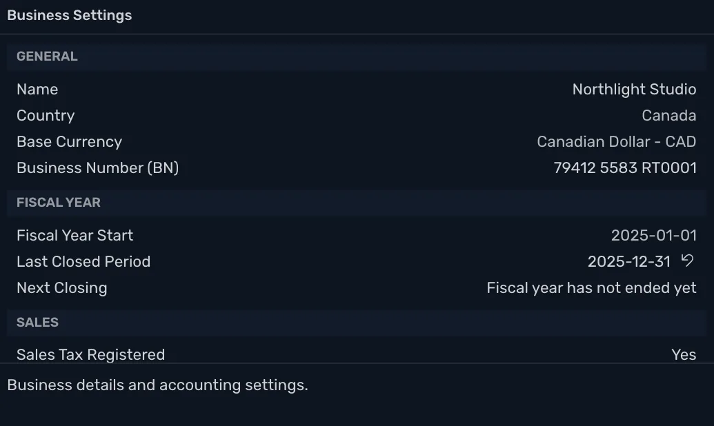 Business Settings after a year was closed: Last Closed Period with the year's last day and a button to reopen it, and Next Closing reading Fiscal year has not ended yet
