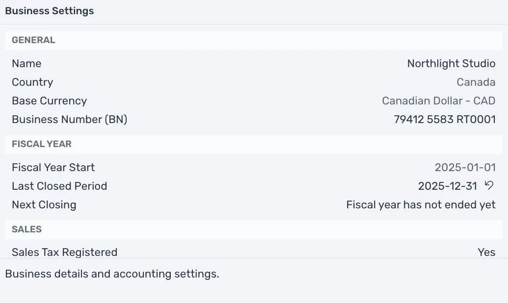 Business Settings after a year was closed: Last Closed Period with the year's last day and a button to reopen it, and Next Closing reading Fiscal year has not ended yet
