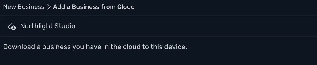 The Add a Business from Cloud window on the second device, listing Northlight Studio
