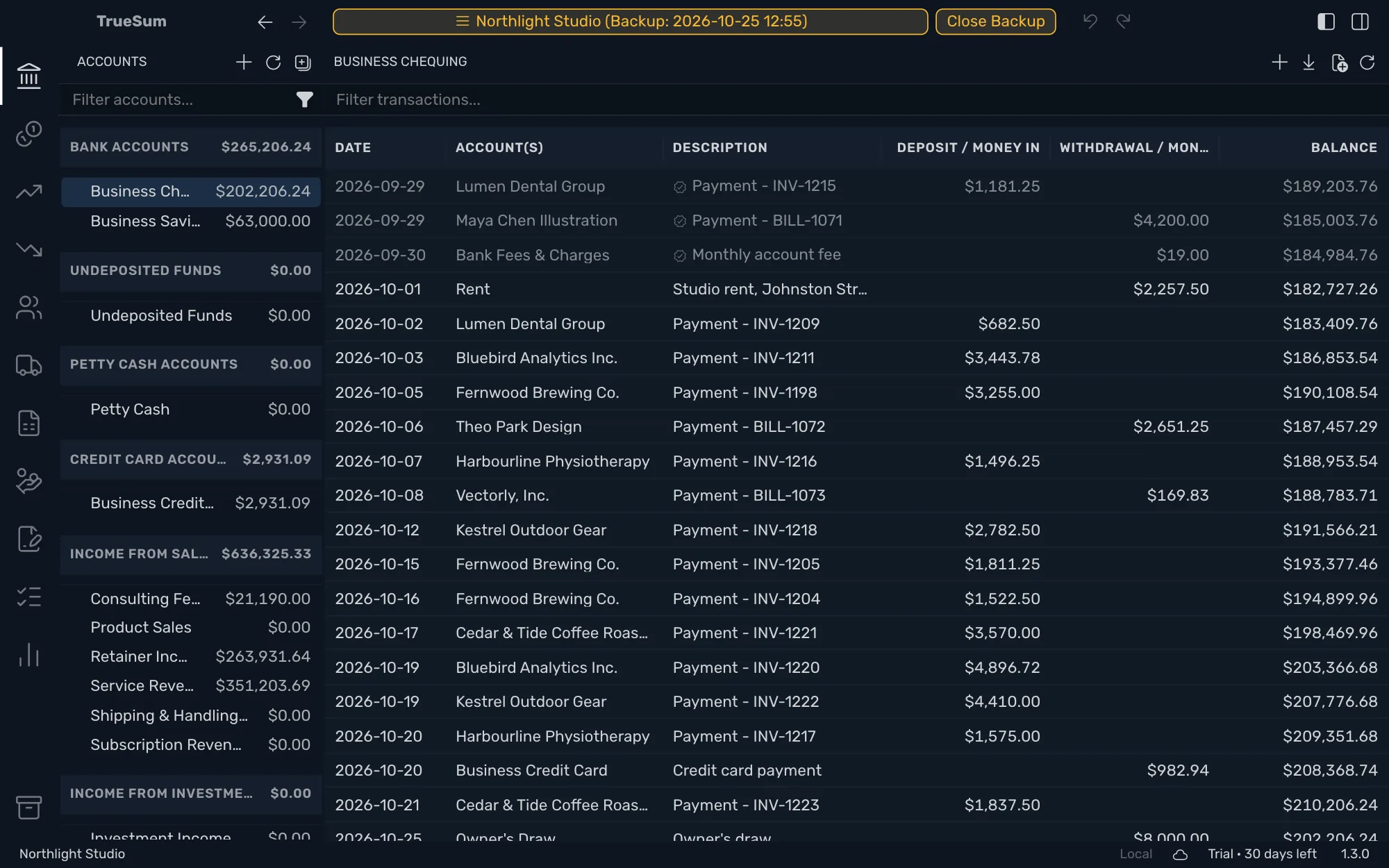 Northlight Studio opened from a backup: the title bar reads Northlight Studio (Backup:, then the date and time), with Close Backup beside it, and the Business Chequing list below