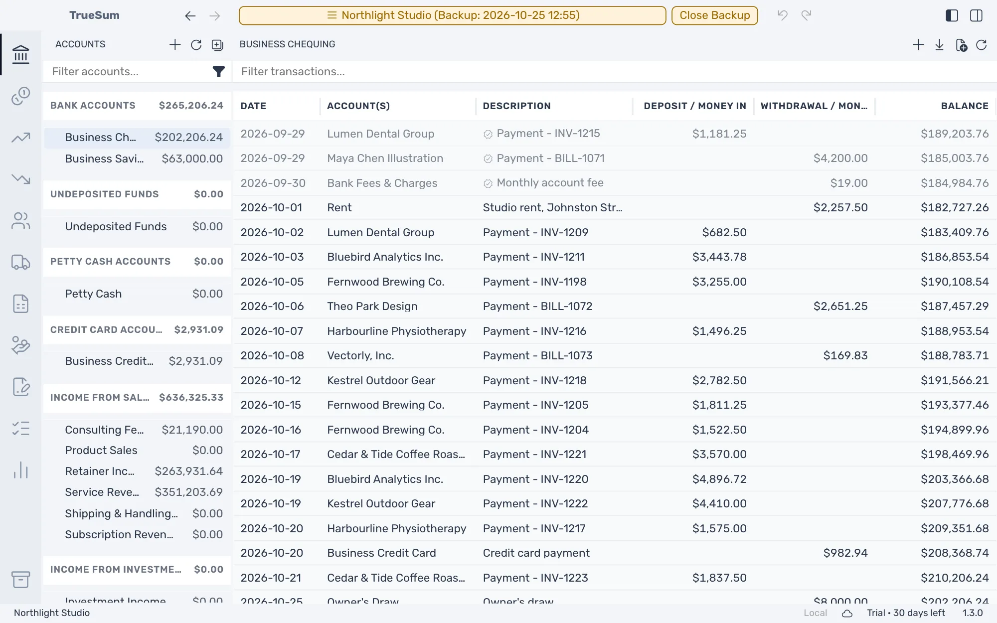 Northlight Studio opened from a backup: the title bar says it is a backup with the date and time, Close Backup beside it, and the Business Chequing list below