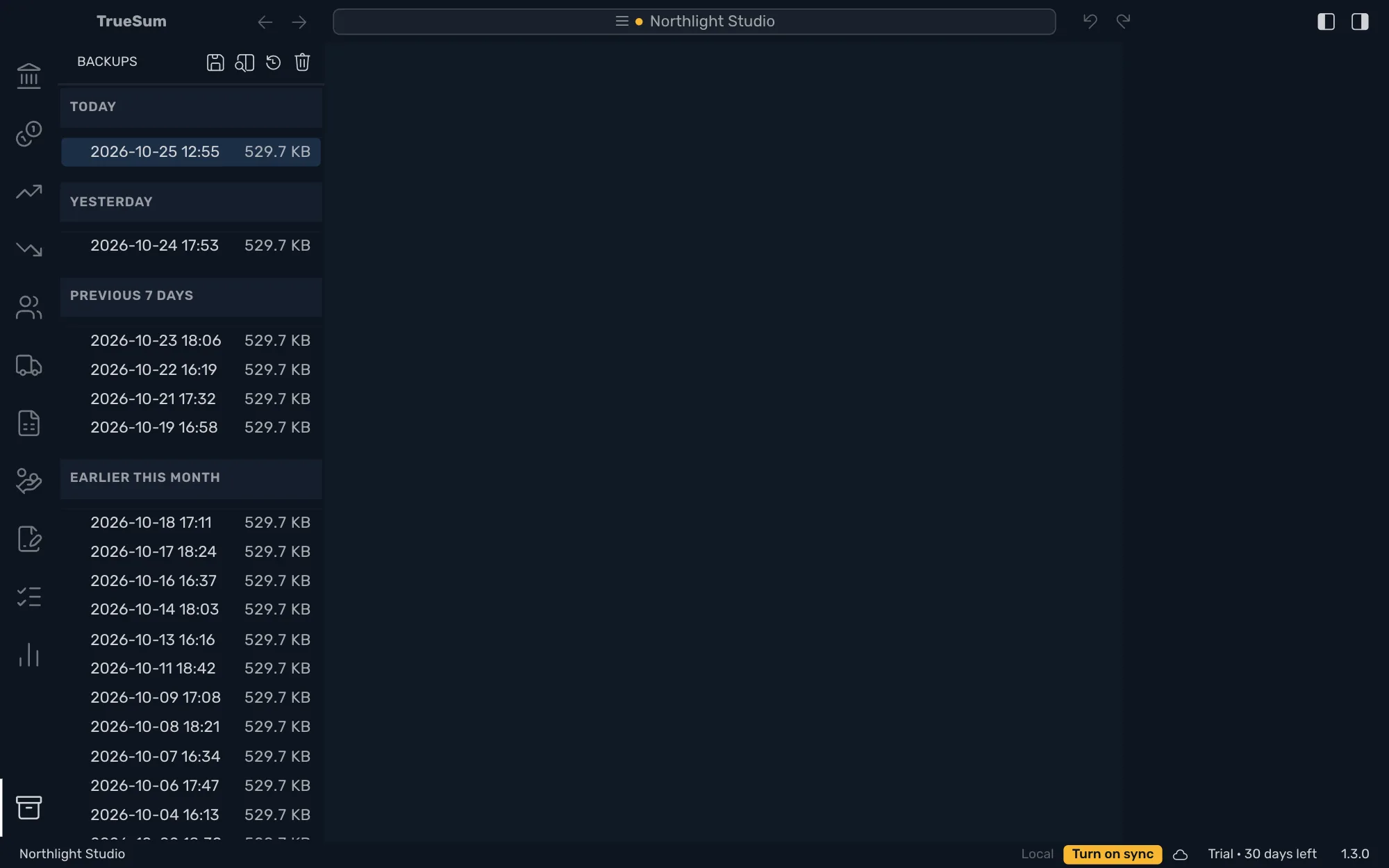 The Backups sidebar of Northlight Studio: one backup under Today, with its date, time and size, selected, and four buttons above the list