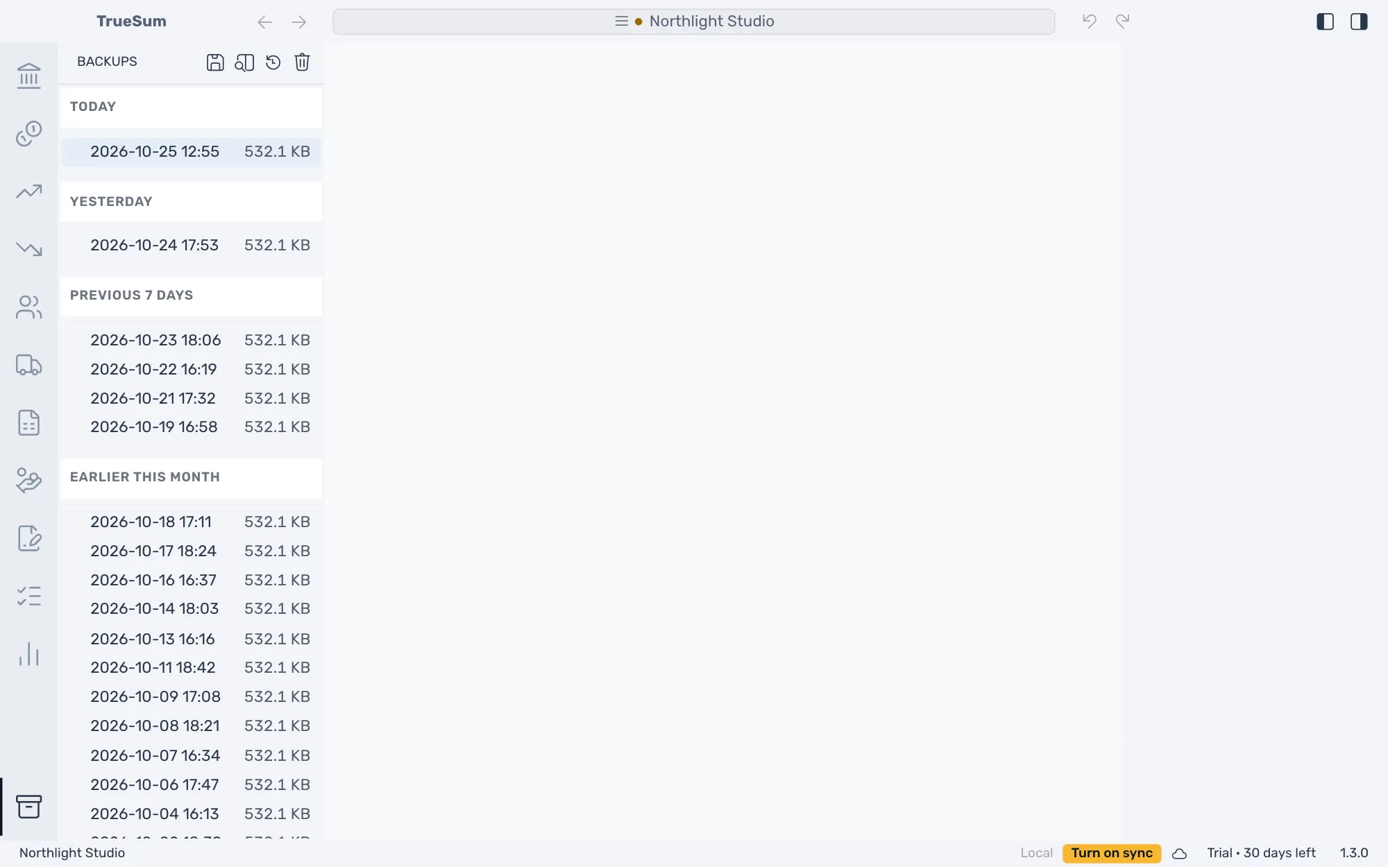 The Backups sidebar of Northlight Studio: one backup under Today, with its date, time and size, selected, and four buttons above the list