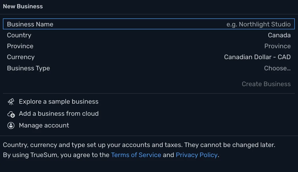 The New Business form on a second device with someone signed in: the form to fill in, and under it Explore a sample business, Add a business from cloud and Manage account