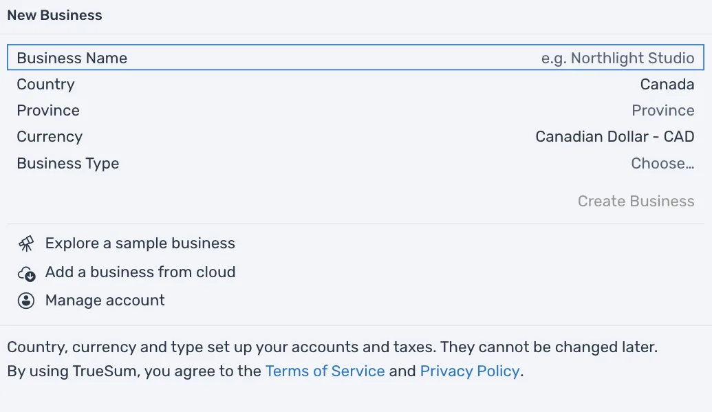 The New Business form on a second device with someone signed in: the form to fill in, and under it Explore a sample business, Add a business from cloud and Manage account