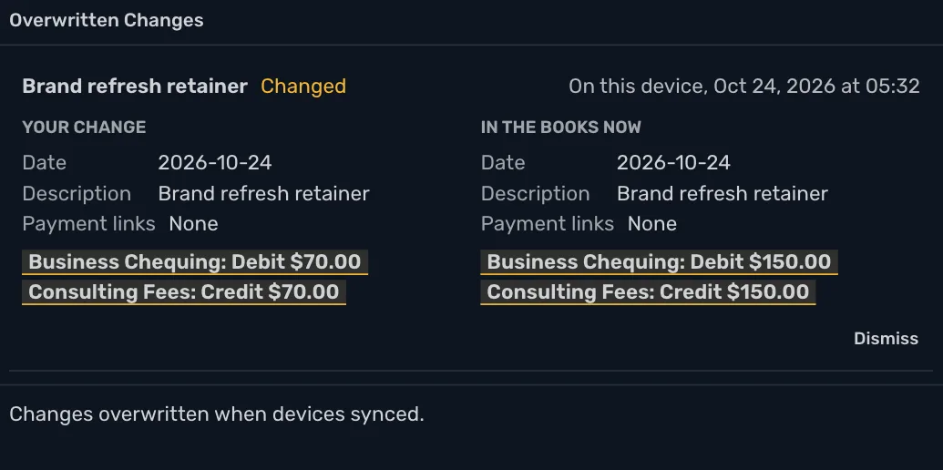 The Overwritten Changes window: a transaction changed on this device, with Your change on the left and In the books now on the right, the two amounts marked, and a Dismiss button