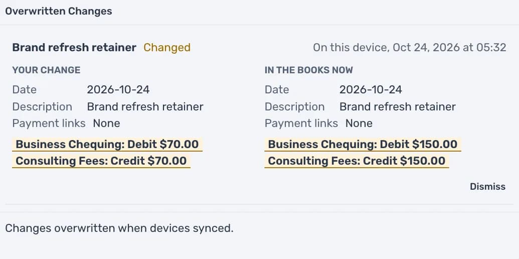 The Overwritten Changes window: a transaction changed on this device, with Your change on the left and In the books now on the right, the two amounts marked, and a Dismiss button