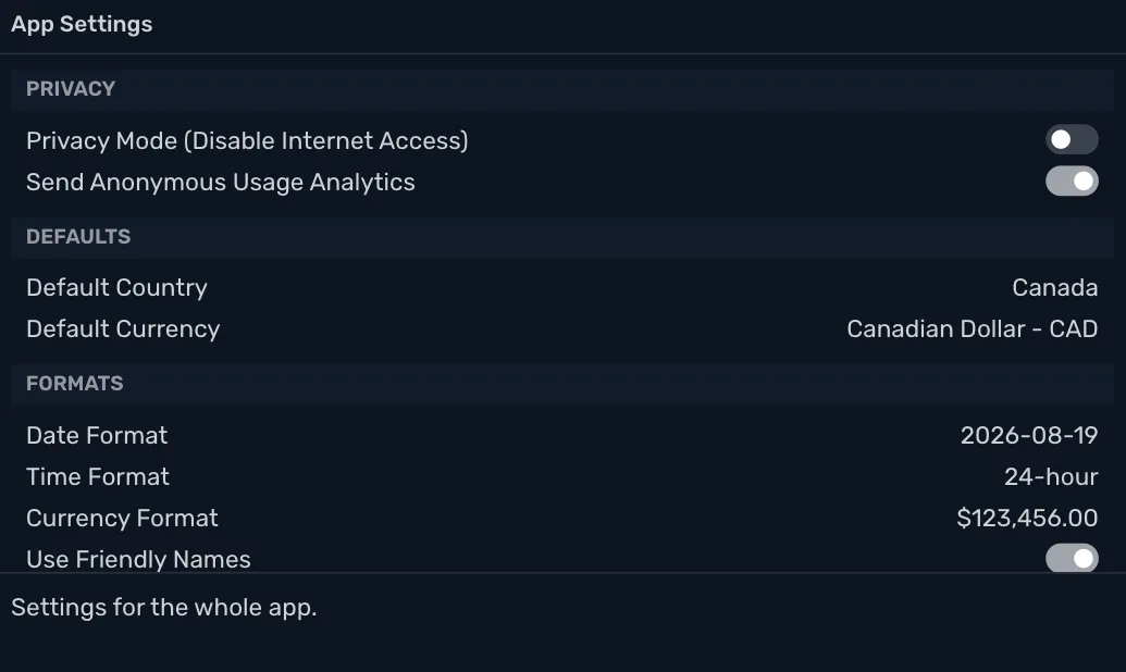 App Settings from the top: under Privacy, Privacy Mode (Disable Internet Access) turned off, and Send Anonymous Usage Analytics
