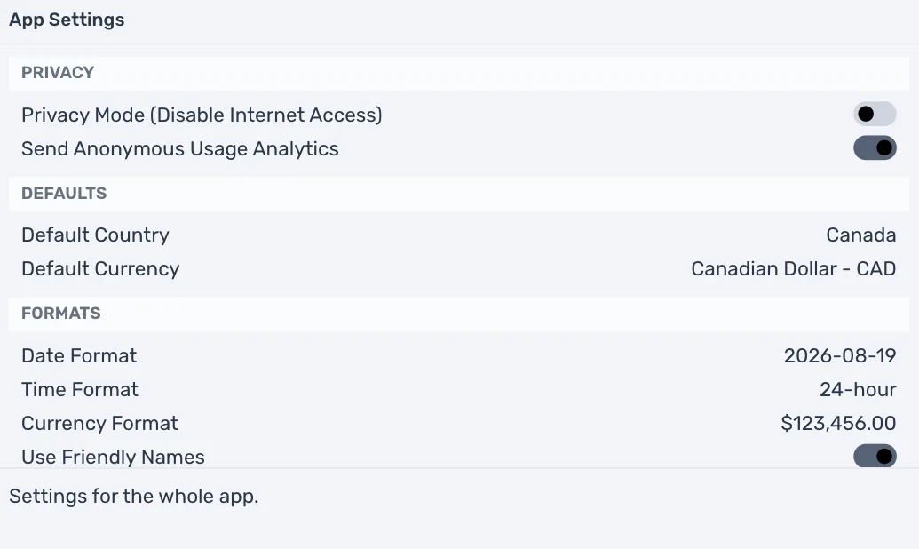 App Settings from the top: under Privacy, Privacy Mode (Disable Internet Access) turned off, and Send Anonymous Usage Analytics