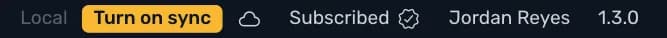 The status bar of a local business: Local and the Turn on sync button, then the connection, Subscribed, the person's name and the version