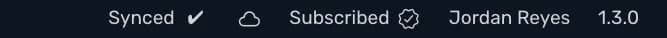 The status bar of a business that syncs: Synced with a check mark, and no Turn on sync button