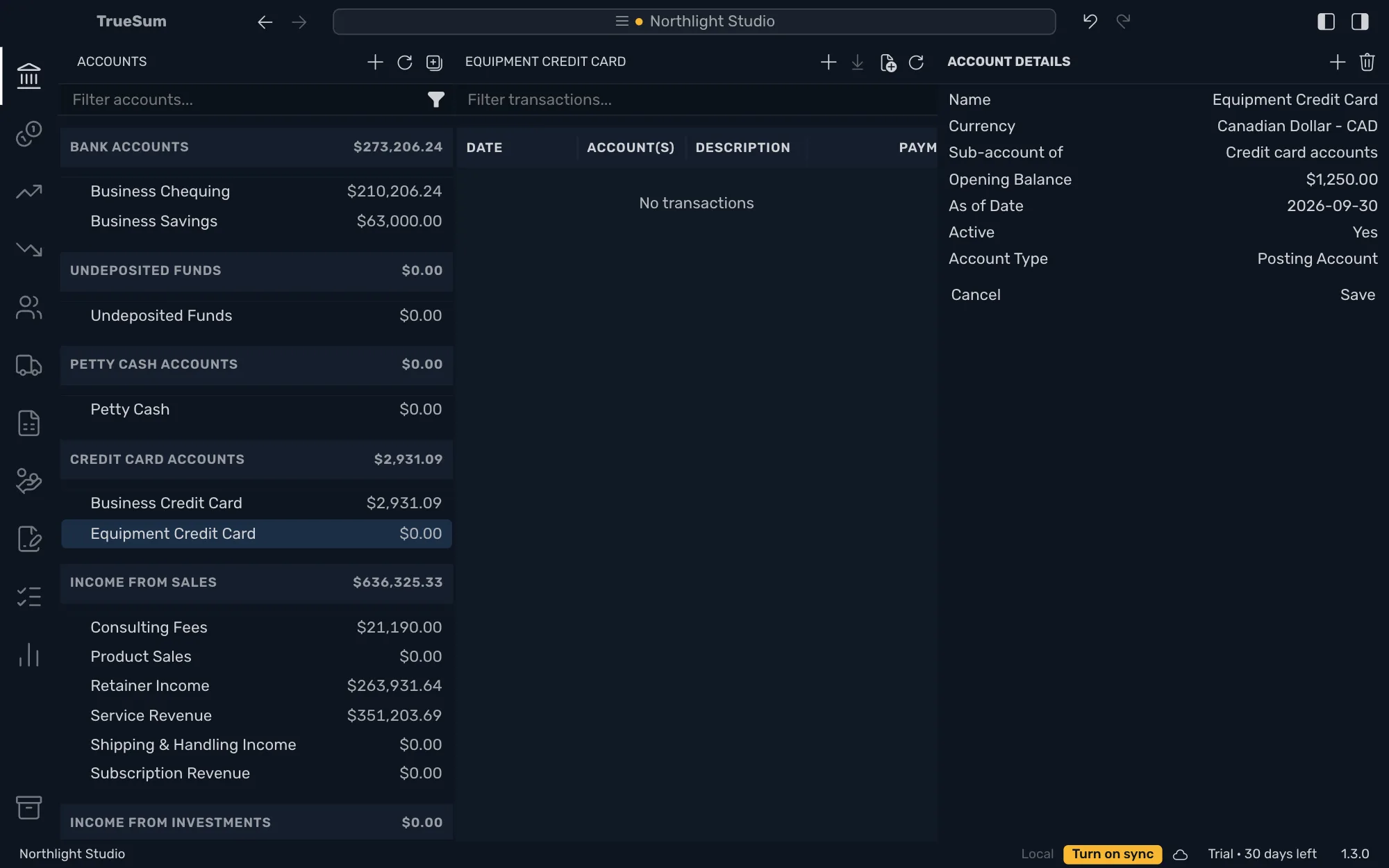 Equipment Credit Card open with Account Details in the right sidebar: Canadian Dollar, Credit card accounts, an opening balance of $1,250.00 as of 2026-09-30, with Save ready to press