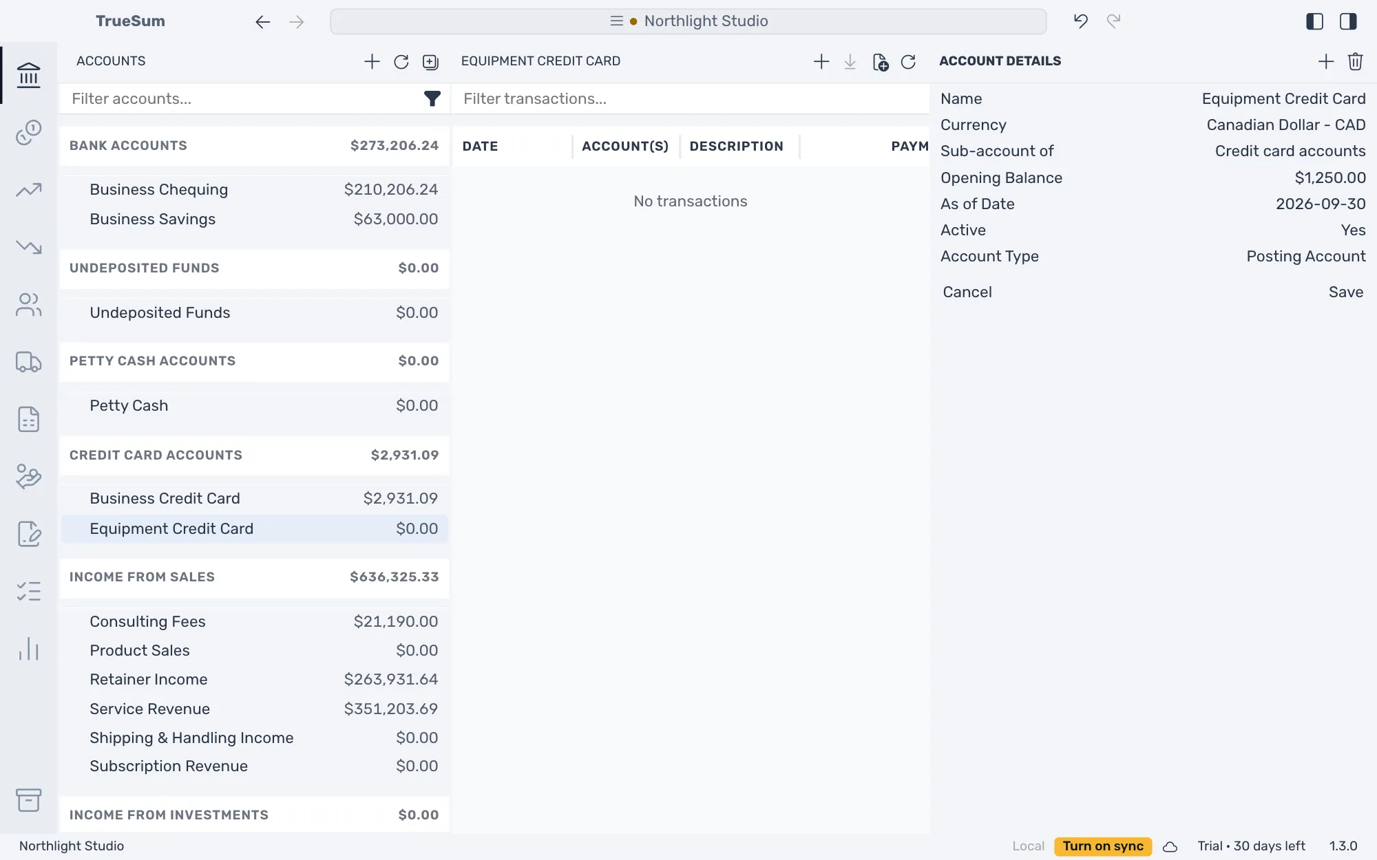 Equipment Credit Card open with Account Details in the right sidebar: Canadian Dollar, Credit card accounts, an opening balance of $1,250.00 as of 2026-09-30, with Save ready to press