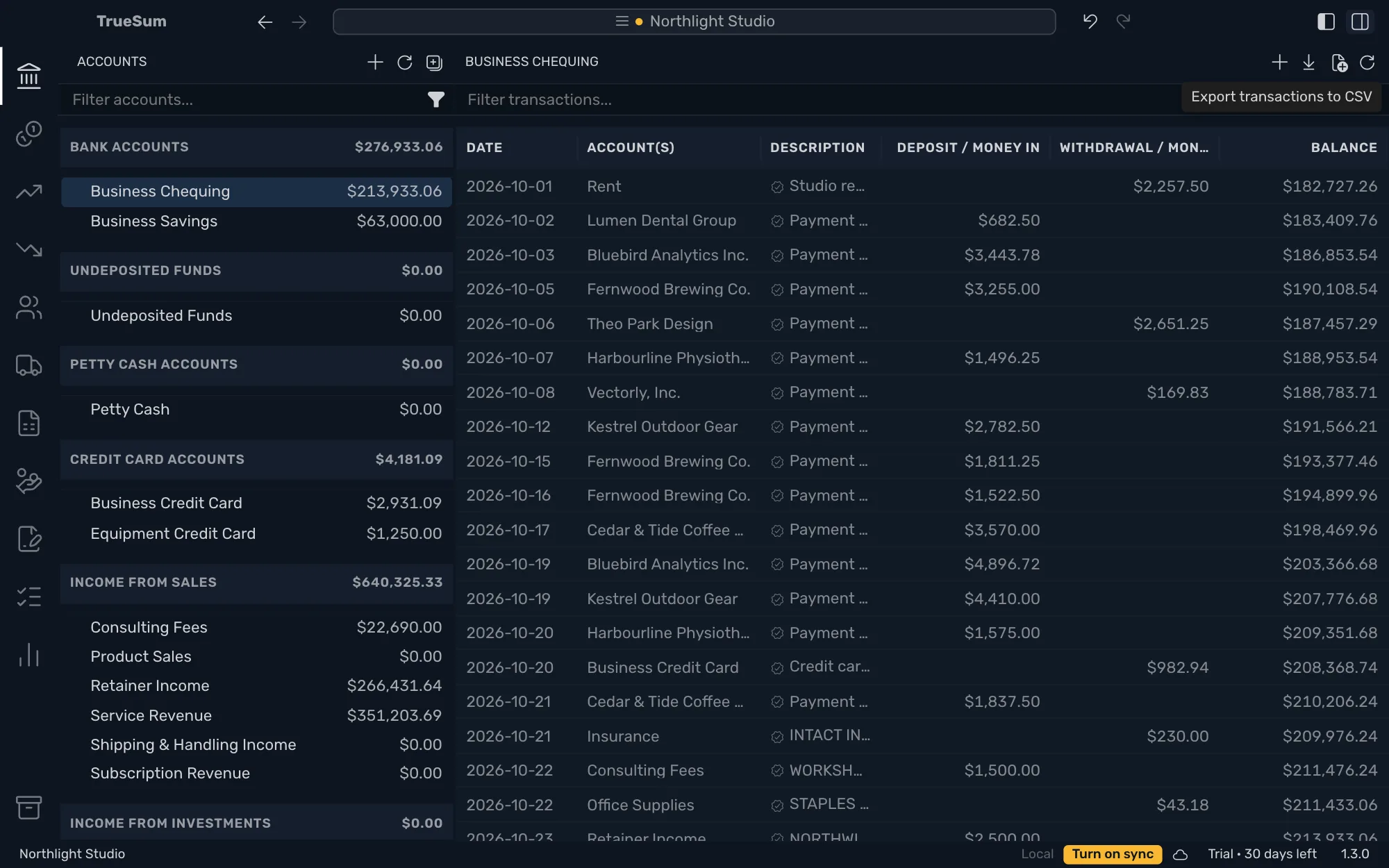 Business Chequing's list with the right sidebar hidden: the download button at the top right of the list, showing its tooltip Export transactions to CSV