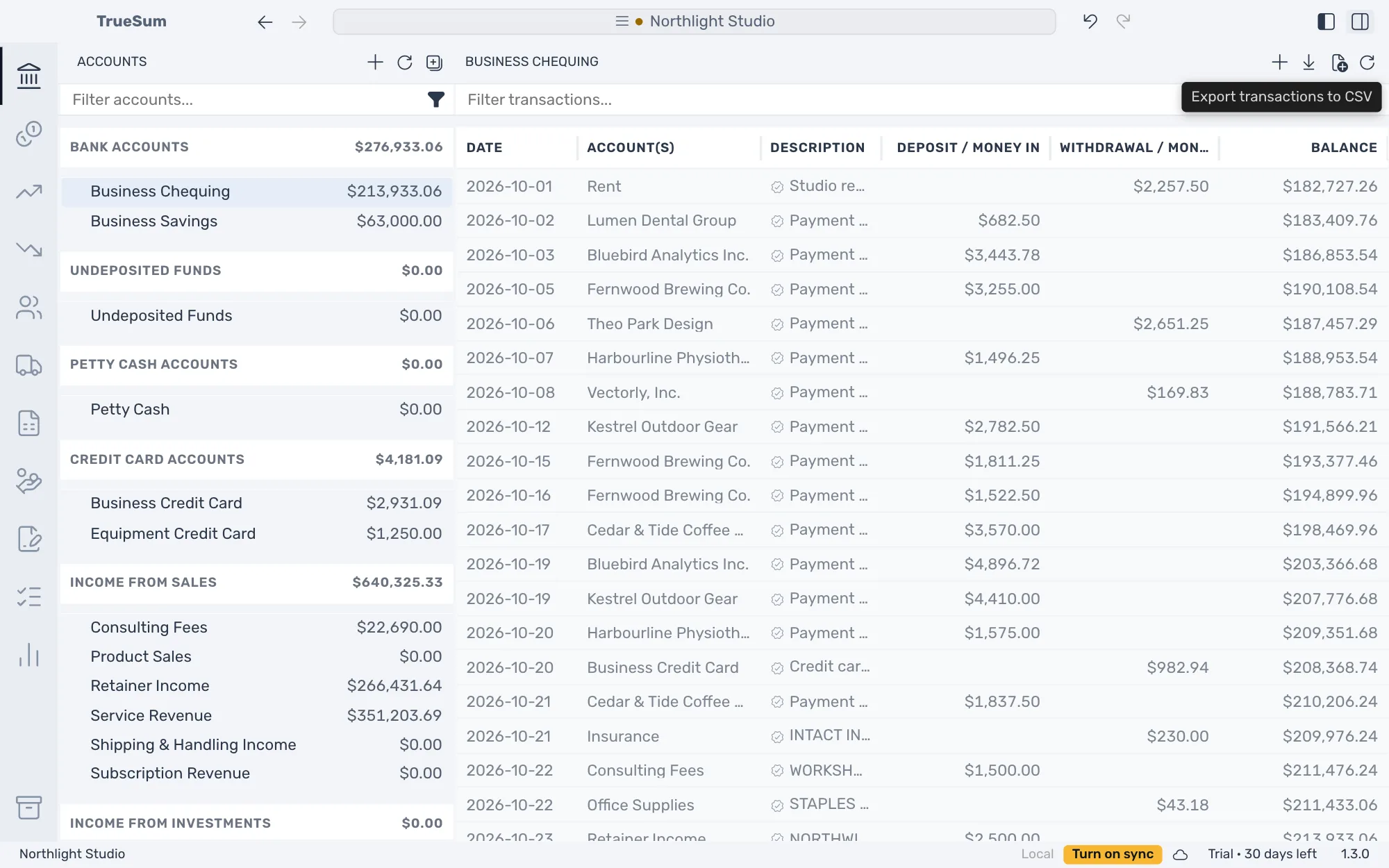 Business Chequing's list with the right sidebar hidden: the download button at the top right of the list, showing its tooltip Export transactions to CSV