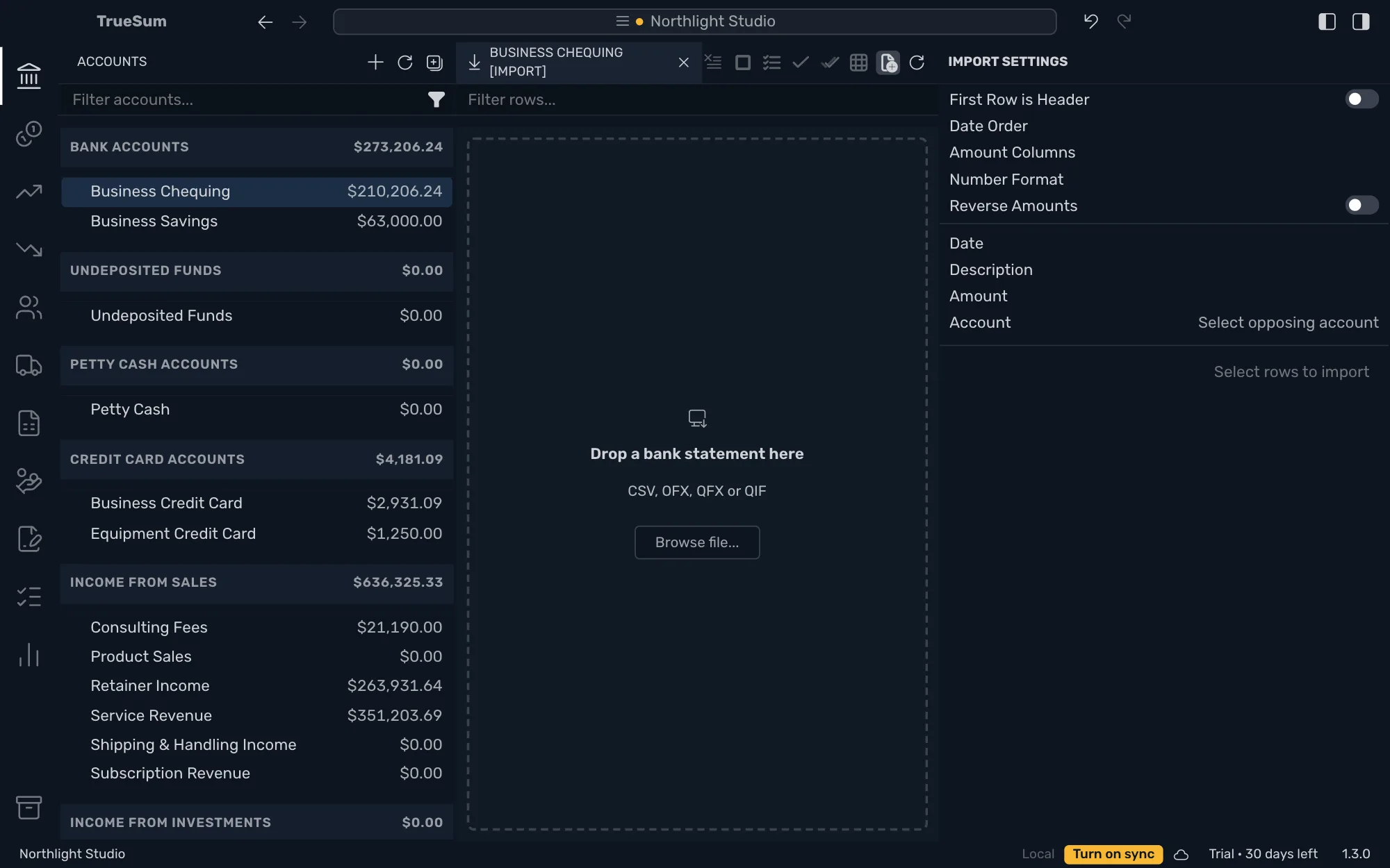 The import screen for Business Chequing: Drop a bank statement here, CSV, OFX, QFX or QIF, and Browse file..., with Import Settings in the right sidebar