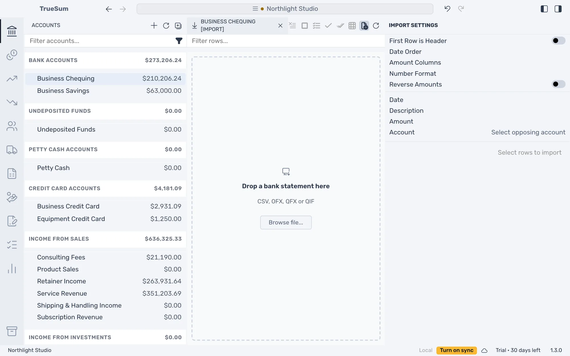 The import screen for Business Chequing: Drop a bank statement here, CSV, OFX, QFX or QIF, and Browse file..., with Import Settings in the right sidebar
