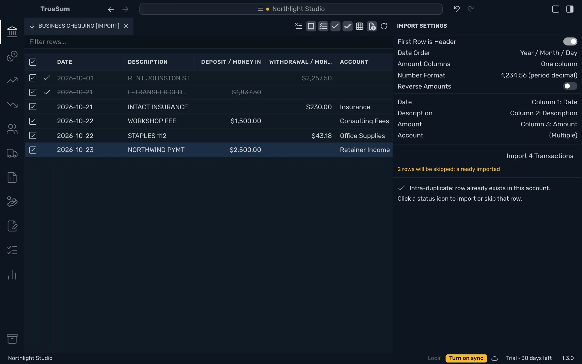 The import screen with a bank's file read: six rows with Date, Description, Deposit / Money In, Withdrawal / Money Out and Account, all ticked, an account chosen for four, and Import 4 Transactions ready to press