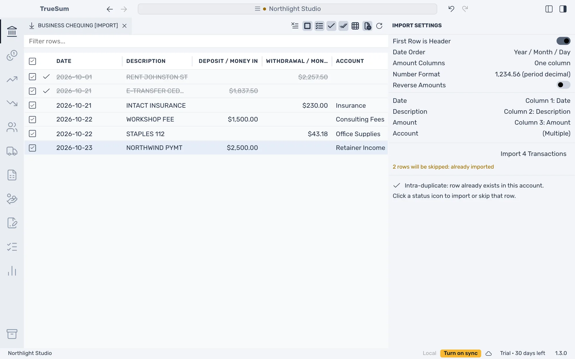 The import screen with a bank's file read: six rows with Date, Description, Deposit / Money In, Withdrawal / Money Out and Account, all ticked, an account chosen for four, and Import 4 Transactions ready to press