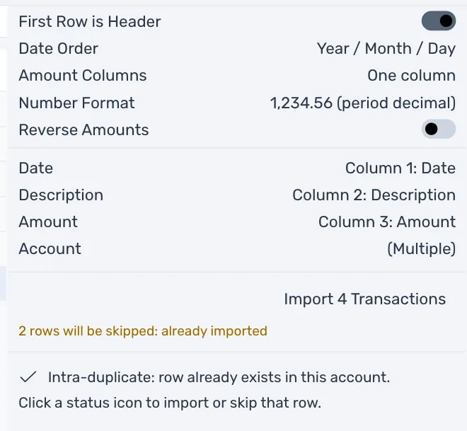 The Import Settings panel with a file read: the column choices, Import 4 Transactions, the line 2 rows will be skipped: already imported, and the note Intra-duplicate: row already exists in this account