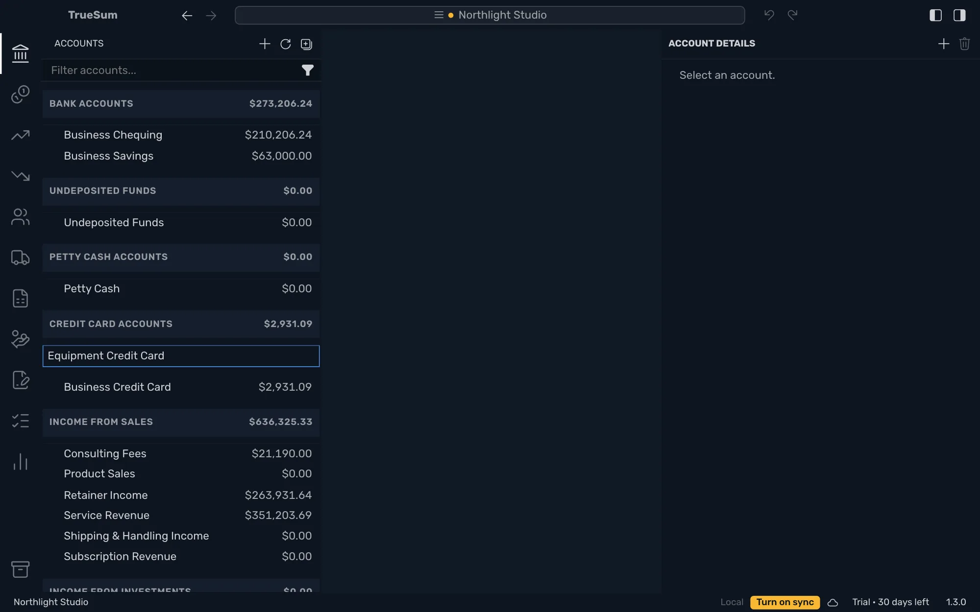 The Accounts sidebar with the name Equipment Credit Card typed in a box under the Credit card accounts heading