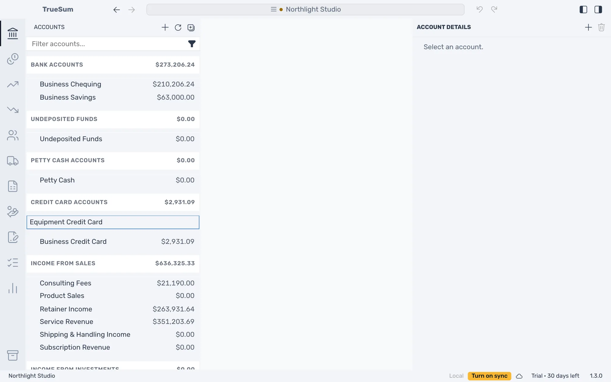 The Accounts sidebar with the name Equipment Credit Card typed in a box under the Credit card accounts heading