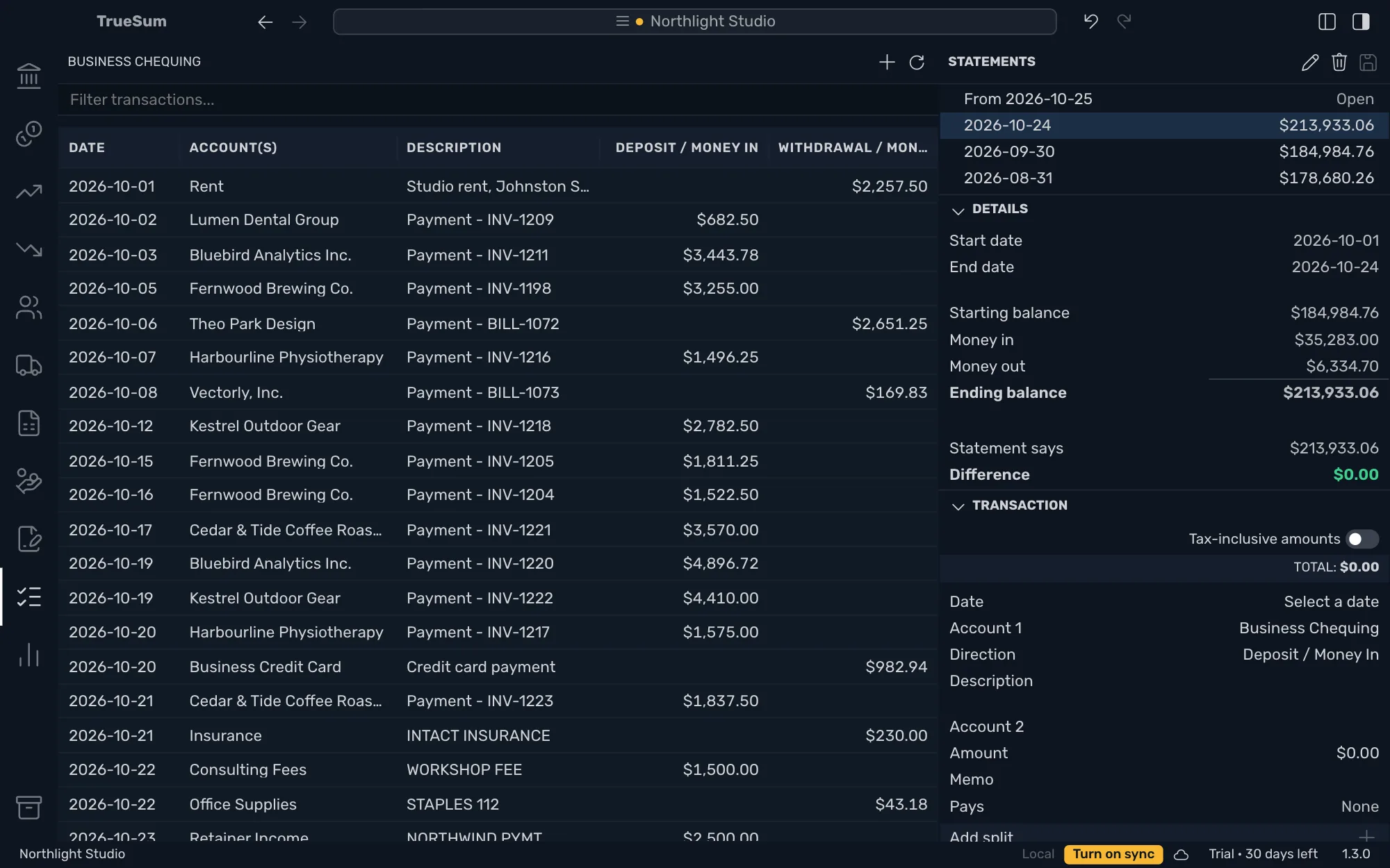The statement just completed: it is in the Statements list under a new open statement, with its figures and the reconciled transactions shown without boxes