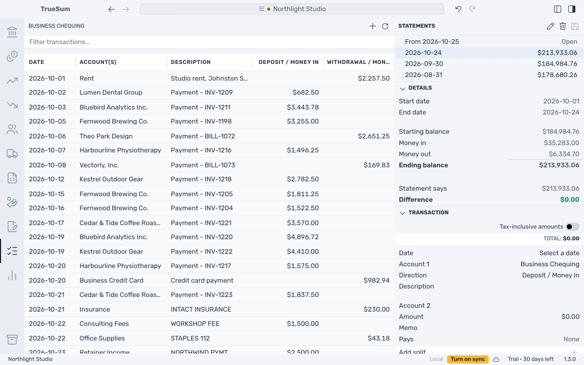 The statement just completed: it is in the Statements list under a new open statement, with its figures and the reconciled transactions shown without boxes