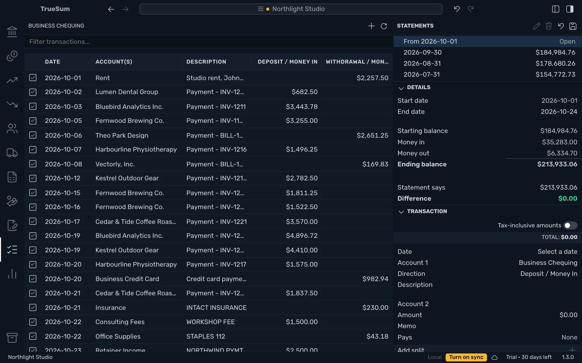 Business Chequing's open statement with every transaction up to the end date ticked, and the Details panel: starting balance $184,984.76, money in, money out, an ending balance and a statement says of $213,933.06, and a Difference of $0.00