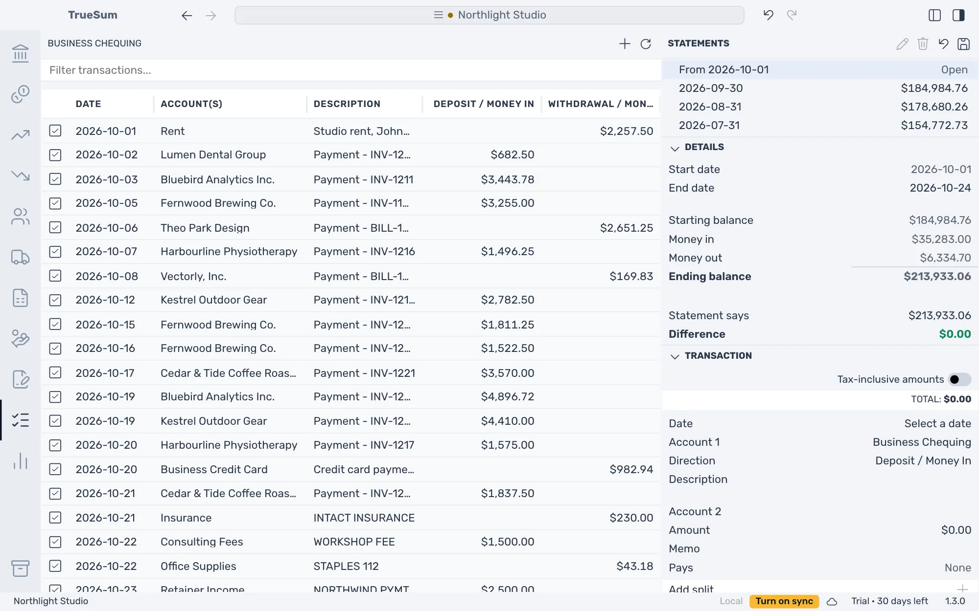 Business Chequing's open statement with every transaction up to the end date ticked, and the Details panel: starting balance $184,984.76, money in, money out, an ending balance and a statement says of $213,933.06, and a Difference of $0.00