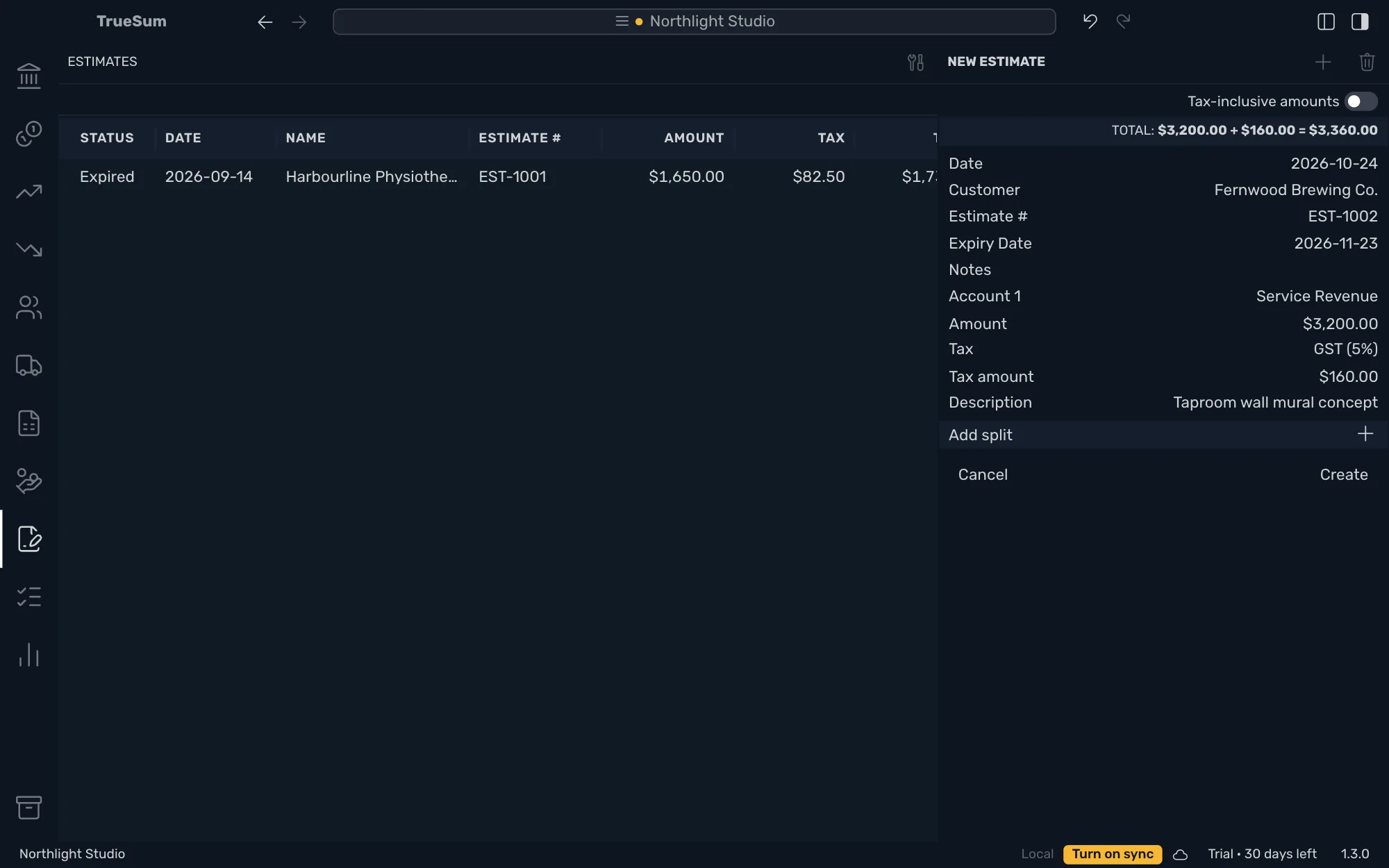 The New Estimate form for Fernwood Brewing Co.: today's date, estimate number EST-1002, an expiry date a month on, Service Revenue at $3,200.00 with GST (5%) and the description Taproom wall mural concept, with Create ready to press