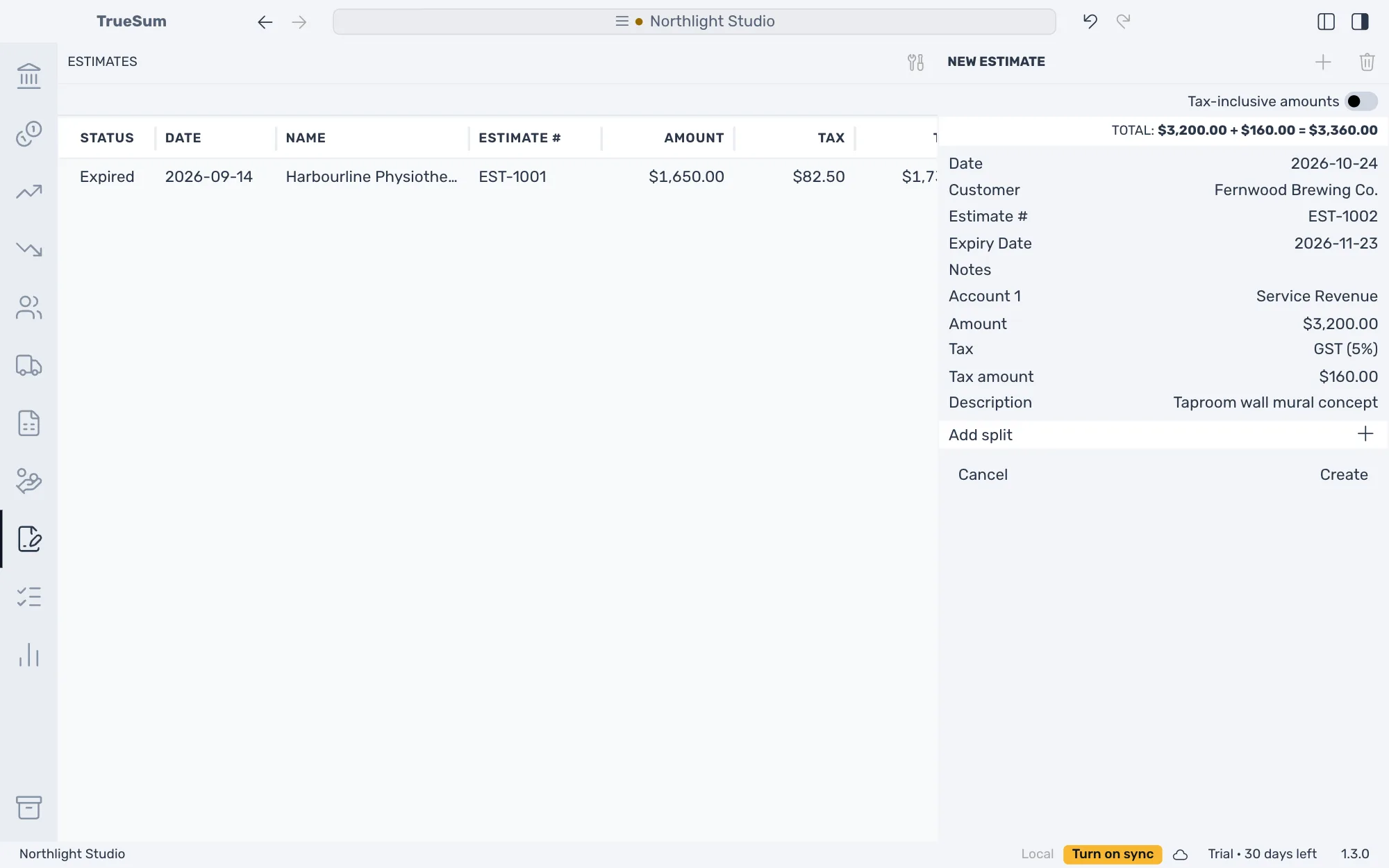 The New Estimate form for Fernwood Brewing Co.: today's date, estimate number EST-1002, an expiry date a month on, Service Revenue at $3,200.00 with GST (5%) and the description Taproom wall mural concept, with Create ready to press