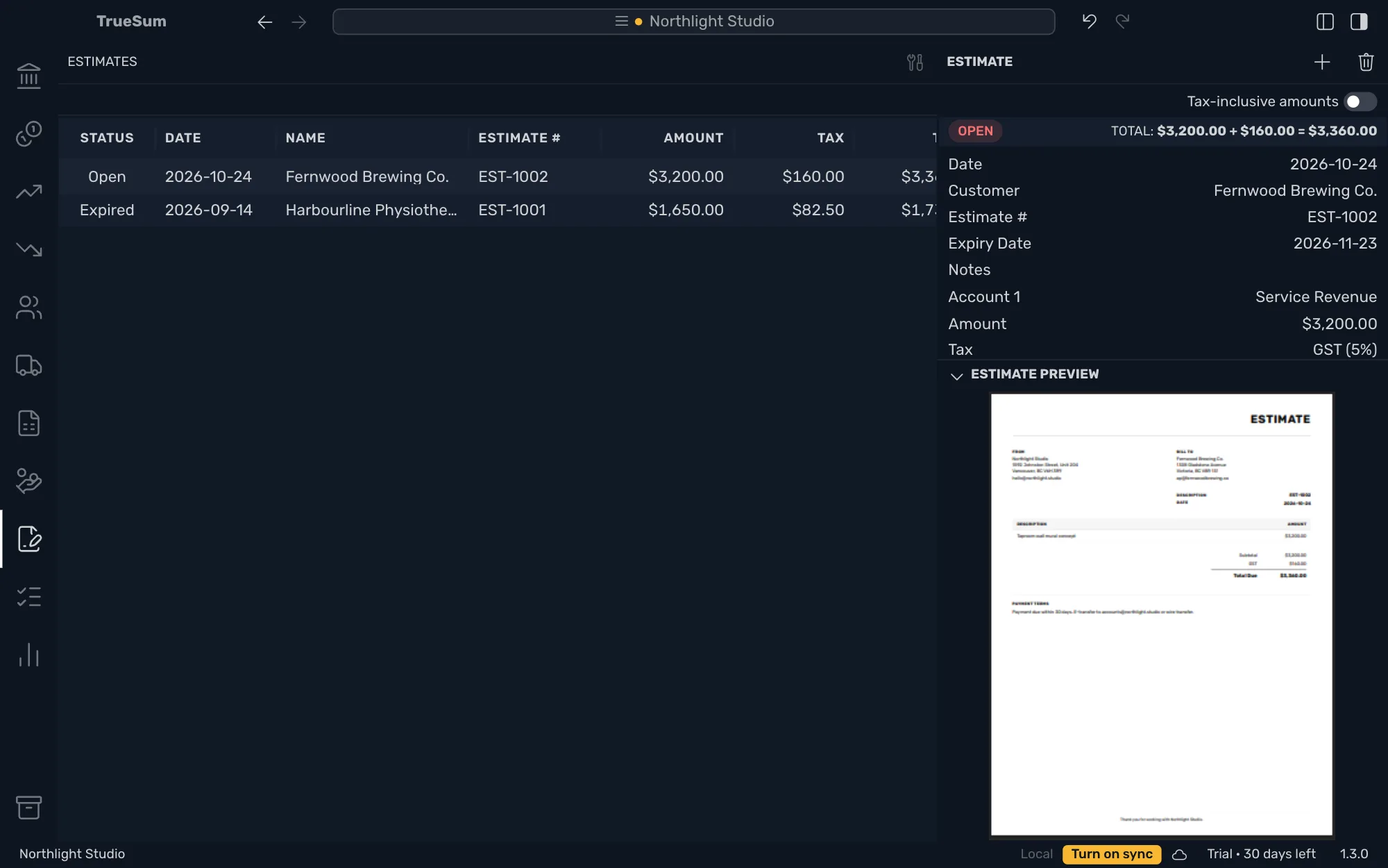 The saved estimate EST-1002 in the Estimates list and the right sidebar: the Open badge, a total of $3,200.00 plus $160.00 equals $3,360.00, and the Estimate Preview under the form