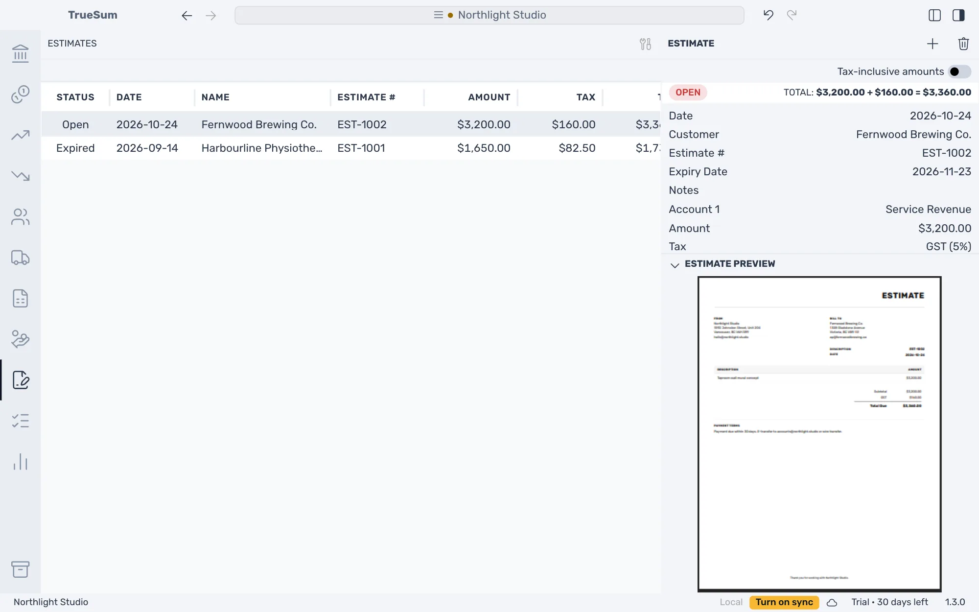 The saved estimate EST-1002 in the Estimates list and the right sidebar: the Open badge, a total of $3,200.00 plus $160.00 equals $3,360.00, and the Estimate Preview under the form