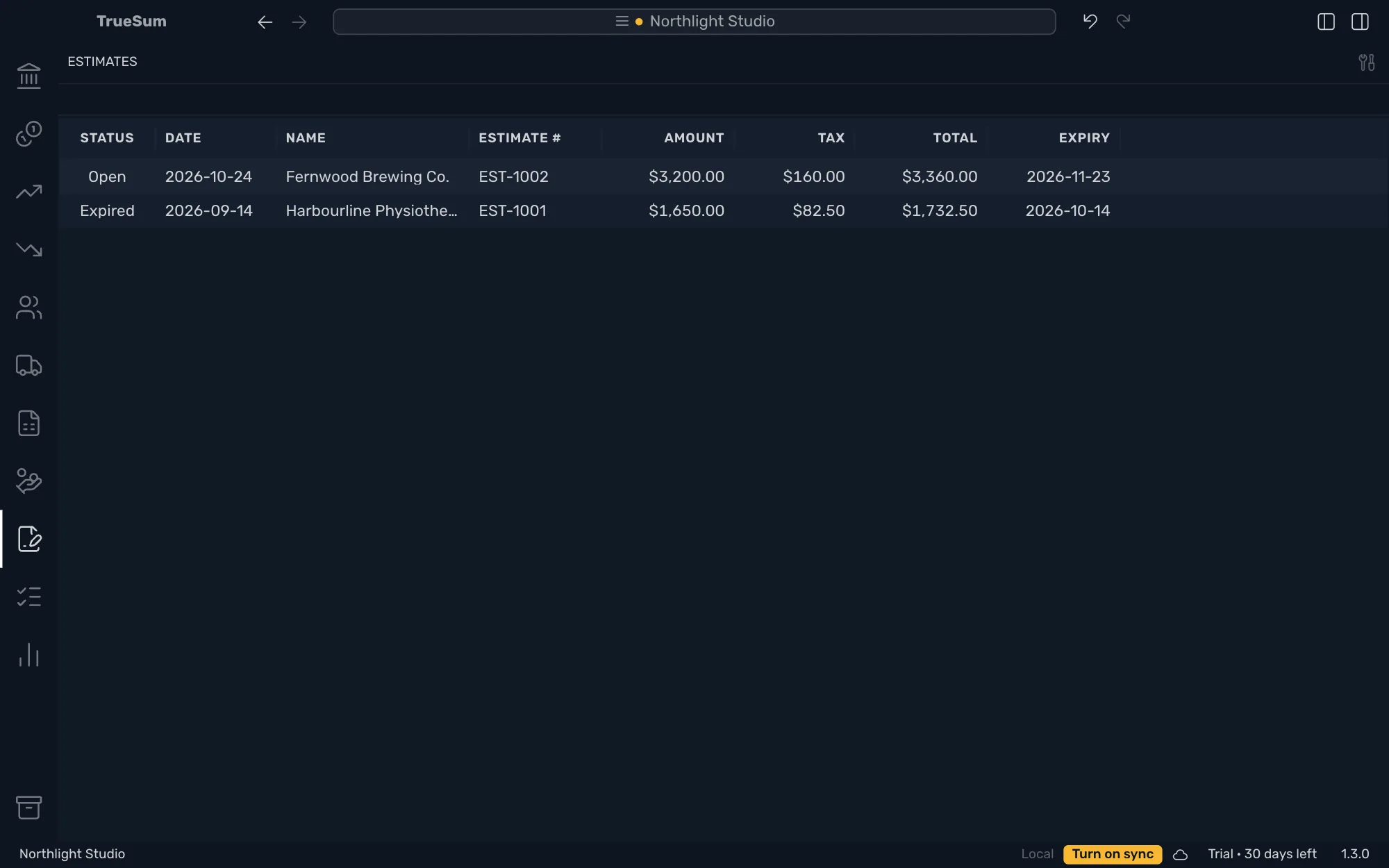 The Estimates list with two estimates: Fernwood Brewing Co., open, and Harbourline Physiotherapy, expired, each with Date, Estimate #, Amount, Tax, Total and Expiry