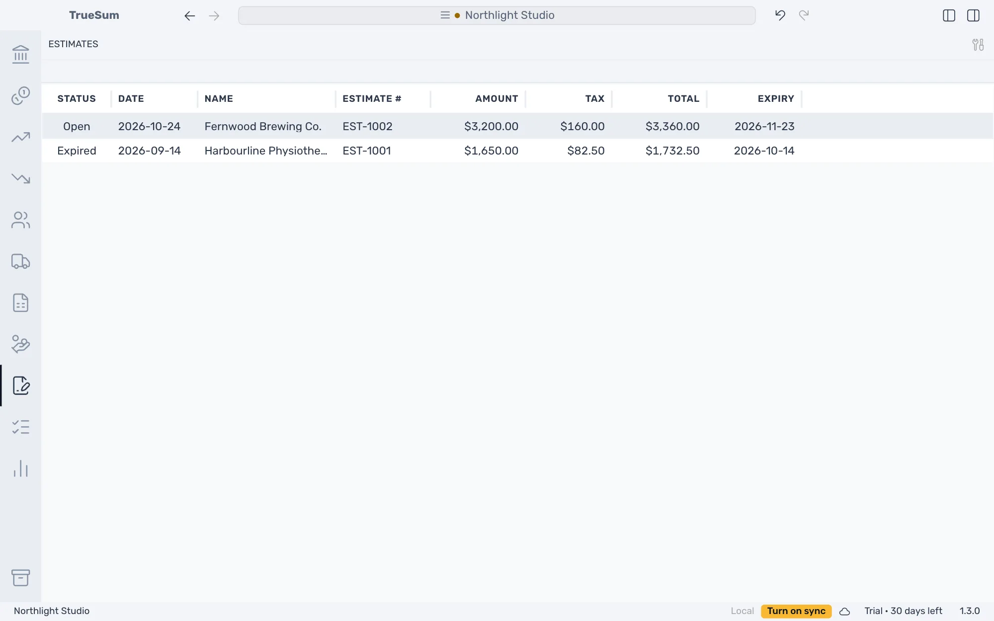 The Estimates list with two estimates: Fernwood Brewing Co., open, and Harbourline Physiotherapy, expired, each with Date, Estimate #, Amount, Tax, Total and Expiry