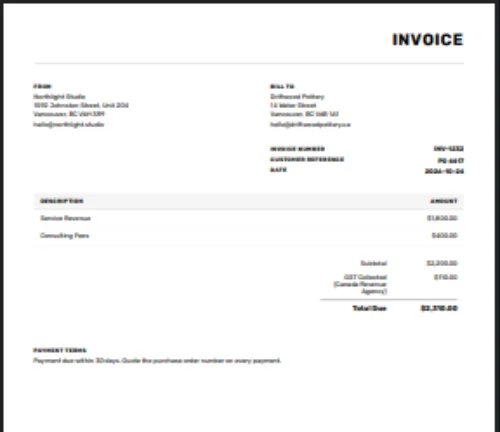 The Invoice Preview: a letter-size sheet headed INVOICE, with From and Bill To, the invoice number, customer reference and date, two lines, the subtotal, GST and Total Due, and the payment terms
