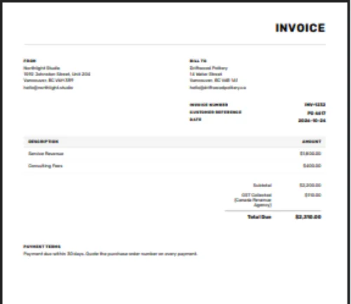 The Invoice Preview: a letter-size sheet headed INVOICE, with From and Bill To, the invoice number, customer reference and date, two lines, the subtotal, GST and Total Due, and the payment terms
