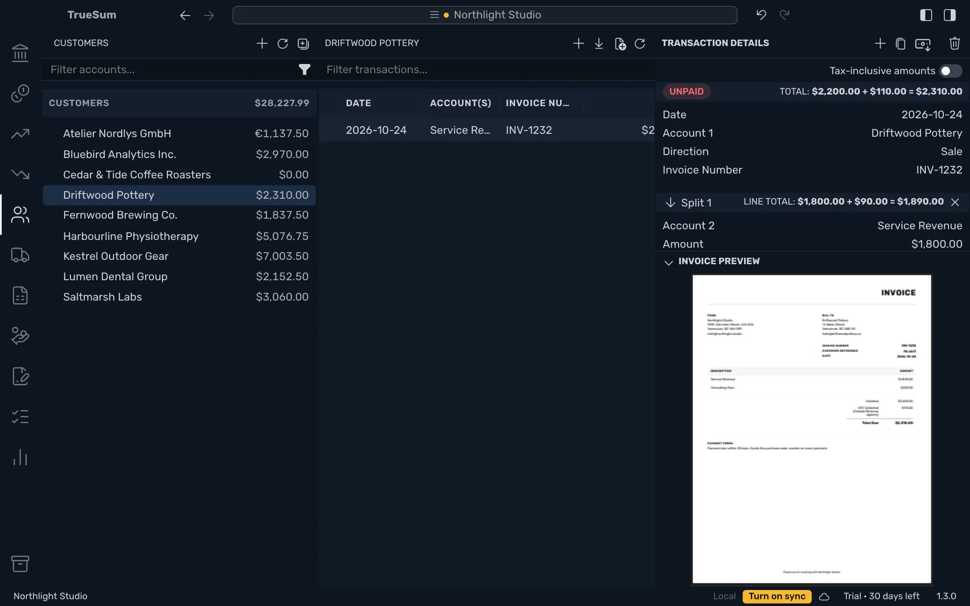 The saved invoice open for Driftwood Pottery: the Unpaid badge, the total $2,200.00 plus $110.00 equals $2,310.00, and the Invoice Preview under the form, with the customer's balance of $2,310.00 in the sidebar